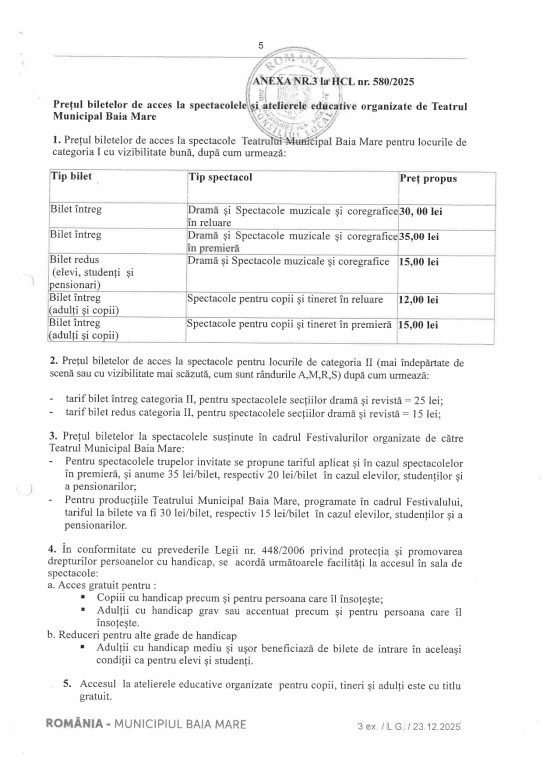 afis Modificare preț bilete și tarife de închiriere spații